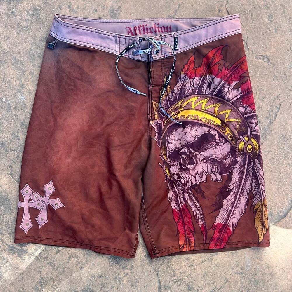 Affliction Y2K Skull Native American Graphic Board Shorts Men's Large